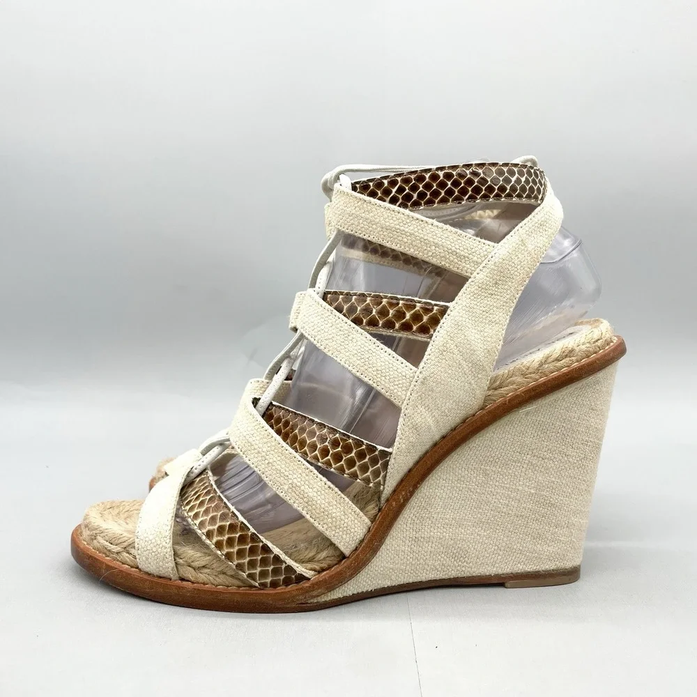 Paul Andrew Womens 40 10 Gladiator Sandals Shoes Snake Print Ivory Wedge Lace Up_4